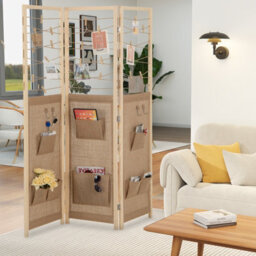 Costway 3-Panel Room Divider Folding Display Stand W/8 Storage Pockets-Natural - thumbnail 5
