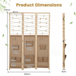 Costway 3-Panel Room Divider Folding Display Stand W/8 Storage Pockets-Natural - thumbnail 2
