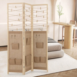 Costway 3-Panel Room Divider Folding Display Stand W/8 Storage Pockets-Natural - thumbnail 3