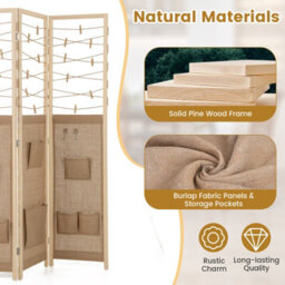 Costway 3-Panel Room Divider Folding Display Stand W/8 Storage Pockets-Natural - thumbnail 7