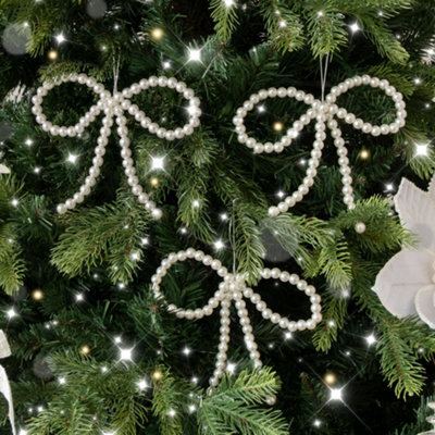 Melody Maison Set Of 3 White Pearl Christmas Bow Bauble Christmas Decorations - image 1