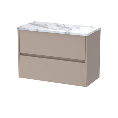 Balterley Chartley Contemporary Wall Hung 2 Drawer Vanity Unit With Carrera Marble Laminate Worktop, 800mm, Taupe - image 1