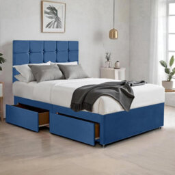 Blue Plush 4Ft Small Double Bed With Matttress  2 Storage Drawers And 20 Inch Cubic Headboard - thumbnail 1