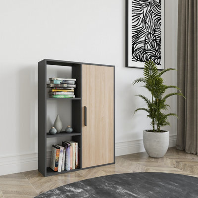 Decorotika Patrick 3 Shelves And A Cabinet Bookcase Anthracite & Oak - image 1