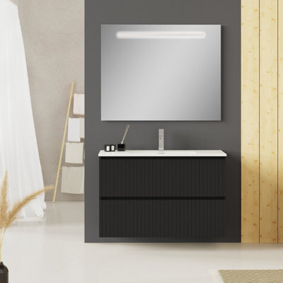 Banyetti Linea Matt Black Ribbed Double Drawer Wall Hung Vanity Unit 1000mm X 390mm - image 1