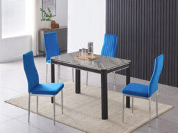 Furnizone UK Milano 4-Seater Grey Marble-Effect Glass Dining Table And 4 Monza Blue Velvet Chairs