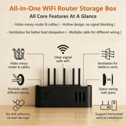 Wall Mounted Mesh Wifi Router Hider Box,no Drill Installation Router Storage Organiser With Cable Management,black - thumbnail 3