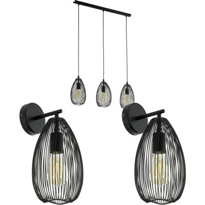 Stylish 3 Bulb Black Pendant Light With 2 Matching Wall Sconces - image 1