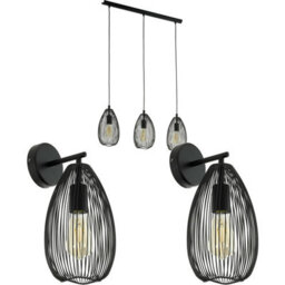 Stylish 3 Bulb Black Pendant Light With 2 Matching Wall Sconces - thumbnail 1