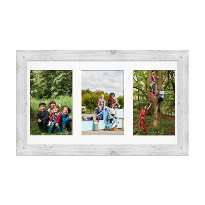 AK Frames 40X20Cm White Rustic Modern Multi Photo Frame With White Mount - Holds 3 Apertures (3X) 6X4 Photos - image 1
