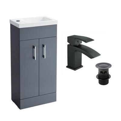 FNX Bathrooms Anthracite 400mm Square Basin Vanity Unit Bathroom Compact Cloakroom Furniture - image 1