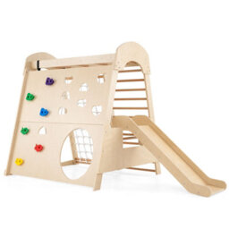 Costway 8-In-1 Indoor Jungle Gym Wooden Playground With Climbing Wall-Natural - thumbnail 8