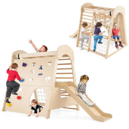 Costway 8-In-1 Indoor Jungle Gym Wooden Playground With Climbing Wall-Natural - thumbnail 1