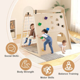 Costway 8-In-1 Indoor Jungle Gym Wooden Playground With Climbing Wall-Natural - thumbnail 4