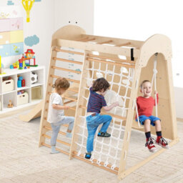 Costway 8-In-1 Indoor Jungle Gym Wooden Playground With Climbing Wall-Natural - thumbnail 3