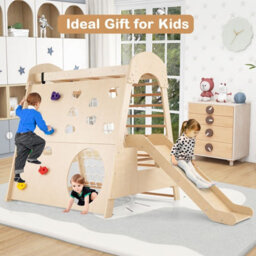Costway 8-In-1 Indoor Jungle Gym Wooden Playground With Climbing Wall-Natural - thumbnail 7