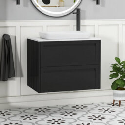 Royal Bathrooms Royal Bathroom Elmore 700mm Matt Nocturne Black Wall Mounted Bathroom Vanity Unit 2 Drawer Plain White Worktop With Qubix Basin - thumbnail 1