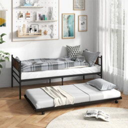 Metal Daybed With Pull Out Trundle Single Sofa Guest Bed W/headboard - thumbnail 4