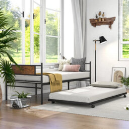Metal Daybed With Pull Out Trundle Single Sofa Guest Bed W/headboard - thumbnail 3