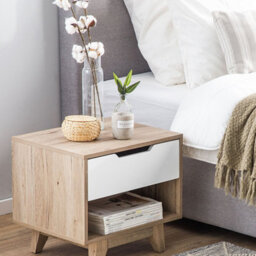 Wyld And Coco Scandinavian Bedside Table Nightstand, Light Brown And White, 1 Drawer, 50 X 40 X 46 Cm - thumbnail 2