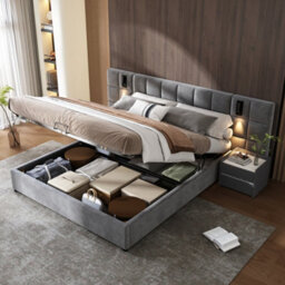 Btm 6Ft Super King Velvet Bed With Hydraulic Storage, Usb & Directional Lamp, Wide Headboard, Grey (No Mattress) - thumbnail 2
