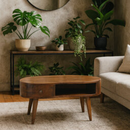 Wyld Haus Parma Chestnut Mango Wood Wave Coffee Table With Drawer And Open Shelf - thumbnail 1