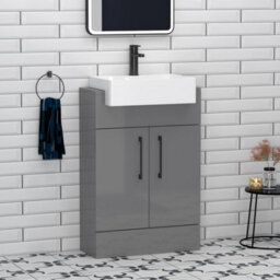 Royal Bathrooms Elena 600mm Indigo Grey Gloss Floor Standing Bathroom Vanity Unit With 2 Door Black Handle & Semi Recessed Basin - thumbnail 1