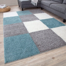 The Rugs Duck Egg Blue Grey And Ivory Soft Checkerboard Design Fluffy Shaggy Rugs And Runners High Pile Living Room Kitchen Hallway 381 - thumbnail 1