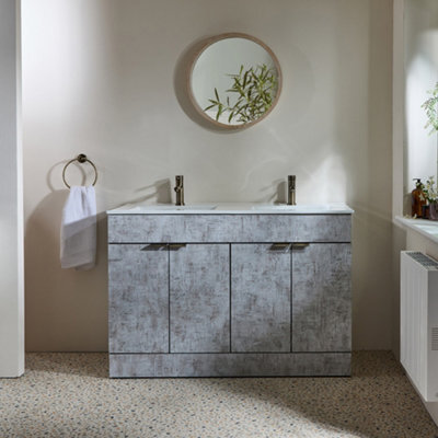 Homestylestore 1210mm Concrete Grey Floorstanding Bathroom Vanity Unit Double Basin And Aged Gold Finger Pull Handle - image 1