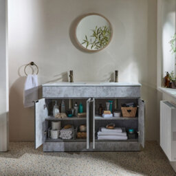 Homestylestore 1210mm Concrete Grey Floorstanding Bathroom Vanity Unit Double Basin And Aged Gold Finger Pull Handle - thumbnail 2