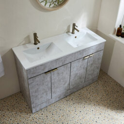 Homestylestore 1210mm Concrete Grey Floorstanding Bathroom Vanity Unit Double Basin And Aged Gold Finger Pull Handle - thumbnail 3