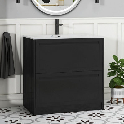Royal Bathrooms Elmore 800mm Traditional Floor Standing 2 Drawer Vanity Unit With Sintered Stone Basin Sink - Matt Nocturne Black - image 1