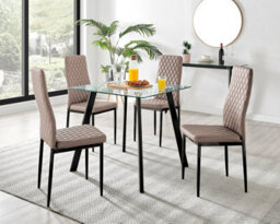Furniturebox Seattle Scandi Inspired Glass And Black Metal Leg Square Dining Table & 4 Beige Milan Faux Leather Black Leg Chairs