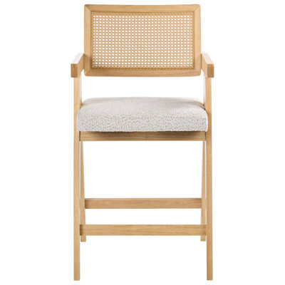 Wyld and Coco Set Of 2 Bar Chairs For Kitchen Island, Light Brown Beige Boucle, Rubberwood Frame, Lacquered Finish - image 1