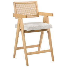 Wyld and Coco Set Of 2 Bar Chairs For Kitchen Island, Light Brown Beige Boucle, Rubberwood Frame, Lacquered Finish - thumbnail 5
