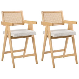 Wyld and Coco Set Of 2 Bar Chairs For Kitchen Island, Light Brown Beige Boucle, Rubberwood Frame, Lacquered Finish - thumbnail 4