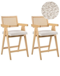 Wyld and Coco Set Of 2 Bar Chairs For Kitchen Island, Light Brown Beige Boucle, Rubberwood Frame, Lacquered Finish - thumbnail 3