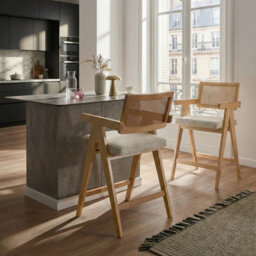 Wyld and Coco Set Of 2 Bar Chairs For Kitchen Island, Light Brown Beige Boucle, Rubberwood Frame, Lacquered Finish - thumbnail 2