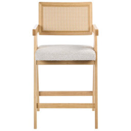 Wyld and Coco Set Of 2 Bar Chairs For Kitchen Island, Light Brown Beige Boucle, Rubberwood Frame, Lacquered Finish - thumbnail 1