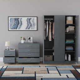 Lassic Vida Designs Riano 3 Piece Bedroom Set (2 Drawer Bedside Chest, 4 Drawer Chest, 3 Door Wardrobe), Grey - thumbnail 2