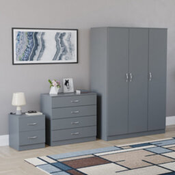 Lassic Vida Designs Riano 3 Piece Bedroom Set (2 Drawer Bedside Chest, 4 Drawer Chest, 3 Door Wardrobe), Grey - thumbnail 6