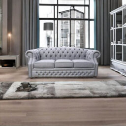 Chesterfield 3 Seater Sofa Gleneagles Plain Silver Fabric In Buckingham Style - thumbnail 2