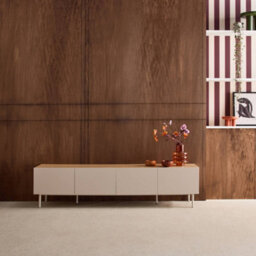 Sweeek - Tv Stand Metal With Wood Decor 4 Doors 180 Cm Beige And Natural - Ashton - thumbnail 3