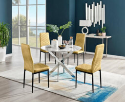 Furniturebox Uk Novara White Marble Round Dining Table & 4 Mustard Velvet Milan Black Leg Chairs - thumbnail 1