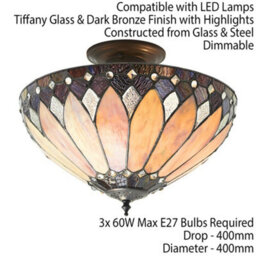 Tiffany Glass Semi Flush Ceiling Light Cream Bronze Round Inverted Shade I00158 - thumbnail 2