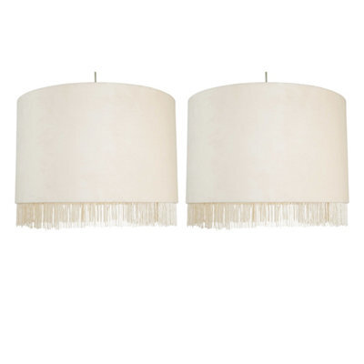 First Choice Lighting Set Of 2 Fringed Off White 38Cm Fringed Velvet Pendant Shades - image 1