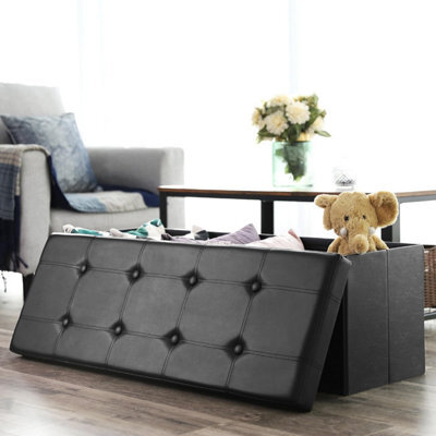 Songmics Folding Ottoman, Storage Ottoman, Storage Chest Bench, With Lid, Footstool, Padded Seating, Wide, Classic Black - image 1