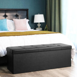 Songmics Folding Ottoman, Storage Ottoman, Storage Chest Bench, With Lid, Footstool, Padded Seating, Wide, Classic Black - thumbnail 3