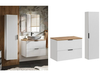 Impact Furniture Bathroom Cabinets 800mm Vanity Unit With Oak Effect Worktop Tallboy Wall Storage White Ribbed Fluted Furniture Set Adel - image 1