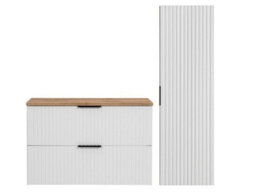Impact Furniture Bathroom Cabinets 800mm Vanity Unit With Oak Effect Worktop Tallboy Wall Storage White Ribbed Fluted Furniture Set Adel - thumbnail 2